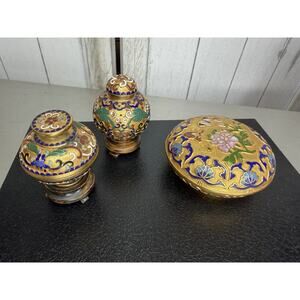 Vintage Cloisonne Enamel and Bronze Mini Ginger Jar Set Wood Base & Trinket Box